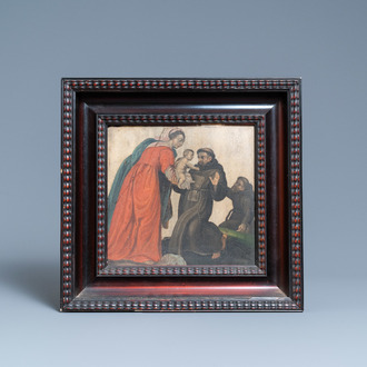 Franse school, schildering op steen, 17e eeuw: de Maagd Maria vertrouwt het Kind toe aan Sint-Domenicus