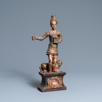 A polychromed wooden figure of Saint Adrian on a reliquary base, 17th C.