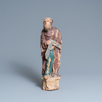 A polychromed oak figure of Saint Thomas on an armorial base, Normandy, France, ca. 1510