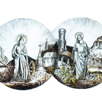 Signé Le Pluy, Lille: deux rondels représentant Sainte Catherine et Sainte Barbe en verre peint en grisaille et jaune d'argent, 19/20ème