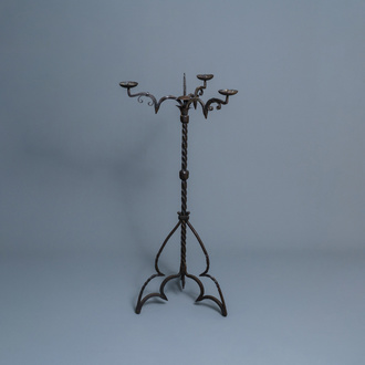 A wrought iron standing candle holder, North of France or Flanders, 15th C.