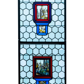 A composite stained and painted glass window mounted in lead alloy, France, 16/17th C.
