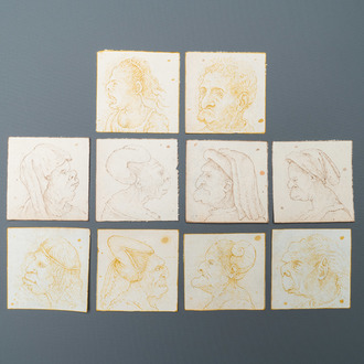 Ecole italienne, d'après Leonardo da Vinci, plume et encre brune sur papier, fin du 19ème: Dix caricatures
