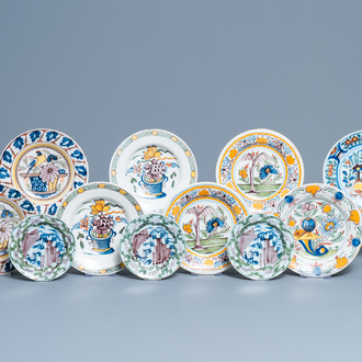 Eleven polychrome Dutch Delft plates, 18th C.