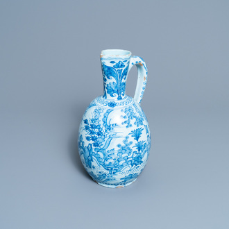 A large Dutch Delft blue and white chinoiserie ewer, 17th C.