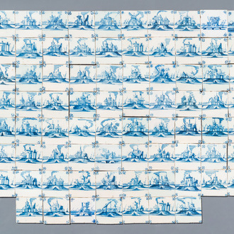 Soixante-dix sept carreaux aux paysages en faïence de Delft en bleu et blanc, fin du 18ème