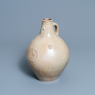 A rare German stoneware bellarmine jug with royalist medallions, Westerwald, late 17th C.