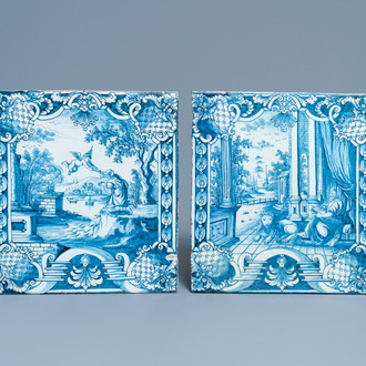 Deux carreaux de poêle en faïence de Nuremberg en bleu et blanc aux sujets bibliques, Allemagne, 18ème