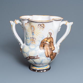 A large polychrome Italian faience quadrilobed pharmacy jug, dated 1840