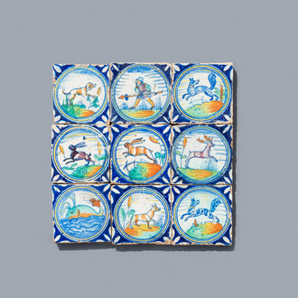 Nine polychrome maiolica medallion tiles, Antwerp or Middelburg, 2nd half 16th C.