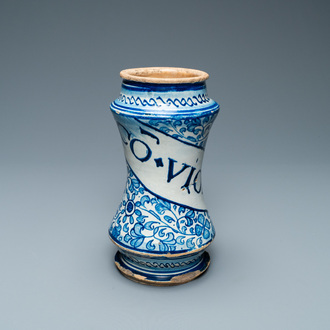 A blue and white Antwerp maiolica 'a foglie' albarello, mid 16th C.