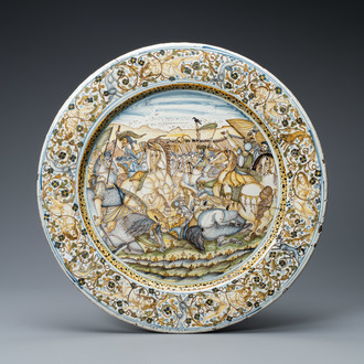 A large polychrome 'battle scene' dish, Francesco Grue workshop, Castelli, Italy, 1st half 17th C.