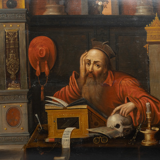 Ecole flamande, suiveur de Joos van Cleve (ca. 1485-1540), huile sur panneau, 16/17ème: Saint Jérôme dans son étude