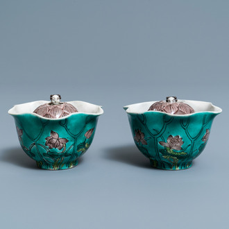 A pair of Chinese verte biscuit lotus-shaped trick cups, 19th C.