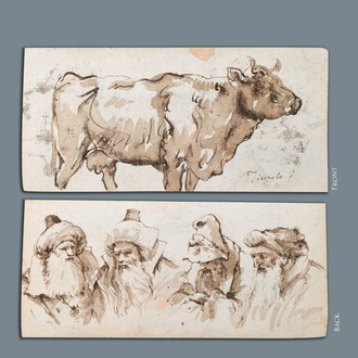 Ecole italienne, entourage de Giambattista Tiepolo, sanguine sur papier, fin du 18ème: Étude de vache et de quatre têtes d’homme aux turbans