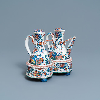 A Dutch Delft cashmere palette cruet set on stand, 1st quarter 18th C.