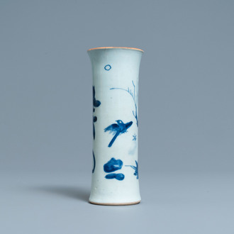 A Chinese blue and white sleeve vase with birds among blossoming branches, Transitional period