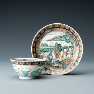 A Chinese famille rose 'harvesting' cup and saucer, Yongzheng