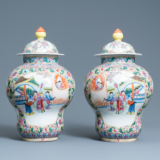 A pair of Chinese famille rose yellow-ground vases and covers, Qianlong mark, Republic