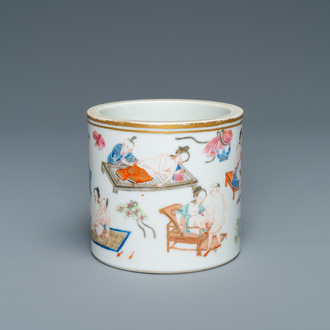 A Chinese famille rose 'erotical subject' brush pot, 1st half 19th C.