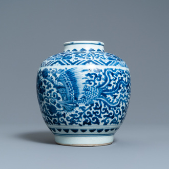 A Chinese blue and white 'phoenixes' jar, figurative hare mark, Transitional period