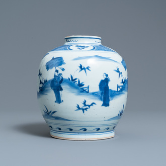 Een Chinese blauw-witte pot met figuren in een landschap, haas merk, Wanli