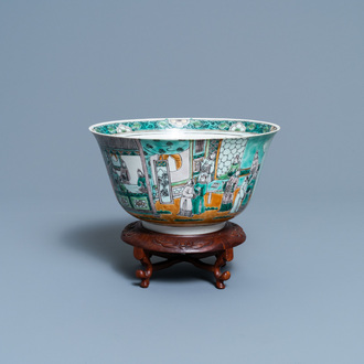 A Chinese verte biscuit bowl on wooden stand, 19th C.