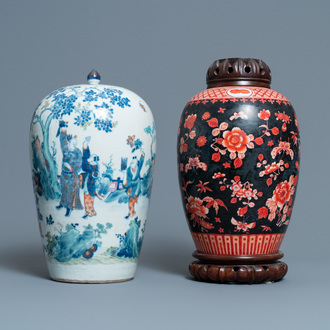 A Chinese doucai jar and an iron-red black-ground jar, 19th C.