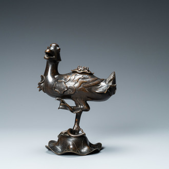 A Chinese bronze 'mandarin duck on lotus' censer, Ming