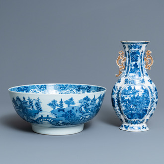 A Chinese blue and white 'landscape' vase and a large bowl, Qianlong