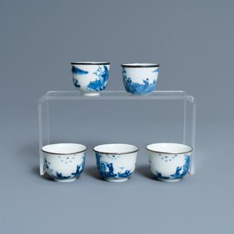 Five Chinese blue and white 'Bleu de Hue' cups for the Vietnamese market, 19th C.