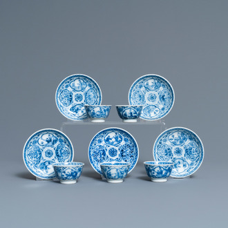 Five Chinese blue and white cups and saucers, Kangxi