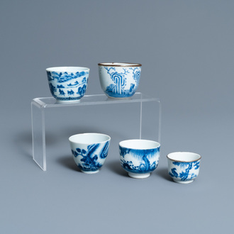 Five Chinese blue and white 'Bleu de Hue' cups for the Vietnamese market, 19th C.