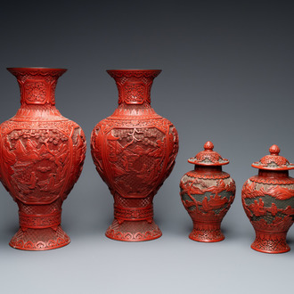 Two pairs of Chinese red cinnabar lacquer vases, 19/20th C.