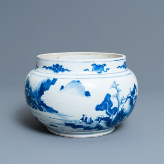 Een Chinese blauw-witte kom met figuren in een landschap, Kangxi