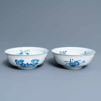 A pair of Chinese blue and white 'immortals' bowls, Kangxi