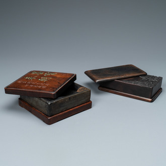 Two Chinese 'duan' ink stones in wooden cases, 19/20th C.