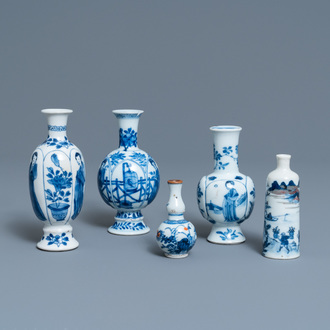 Five Chinese mostly blue and white vases, Kangxi