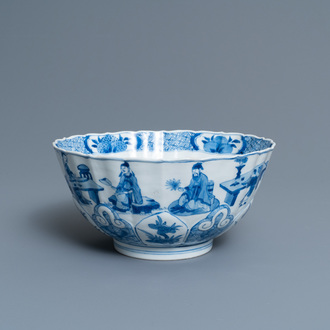 A Chinese blue and white lotus-molded 'Seven sages in the bamboo grove' bowl, Chenghua mark, Kangxi