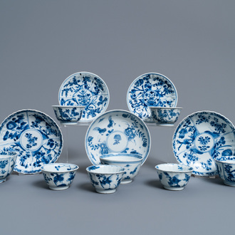 Eight Chinese blue and white cups and five saucers, Kangxi