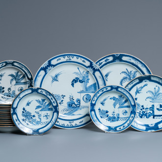 Fifteen Chinese blue and white plates and three dishes with 'cuckoo in the house' design, Qianlong