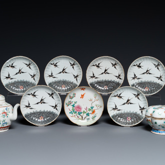 Seven Chinese famille rose saucers, a teapot and a covered box, 19th C.