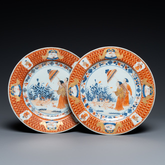 A pair of Chinese Imari-style 'Dames au Parasol' plates after Cornelis Pronk, Qianlong