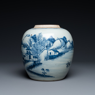Un pot en porcelaine de Chine en bleu et blanc à décor d'un paysage, Kangxi