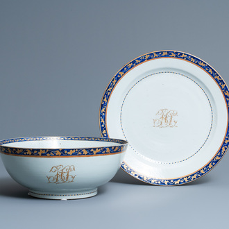 A large Chinese monogrammed export porcelain punchbowl and dish, Qianlong