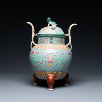 A Chinese famille rose tripod censer and cover, 19th C.