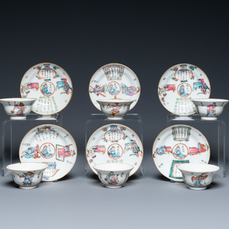 Six Chinese famille rose 'Wu Shuang Pu' cups and saucers, Qianlong and Tongzhi marks, 19th C.