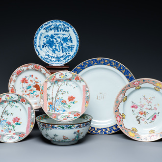 Six Chinese blue and white and famille rose dishes and a famille verte bowl, Kangxi/Qianlong