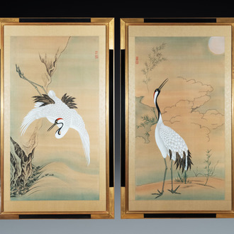 Chinese school, ink and color on paper: 'Two cranes', 20th C.