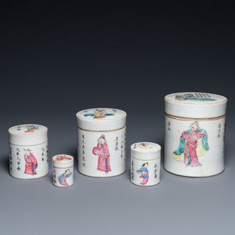 Five Chinese famille rose 'Wu Shuang Pu' stacking boxes and covers, 19th C.